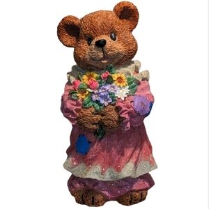 Tall Porcelain Teddy Bear Piggy Bank with Pink Dress & Flowers